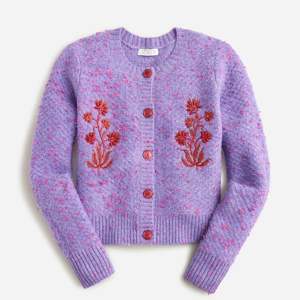 J. Crew Sequin Embroidered Cotton Boucle Cardigan Sweater